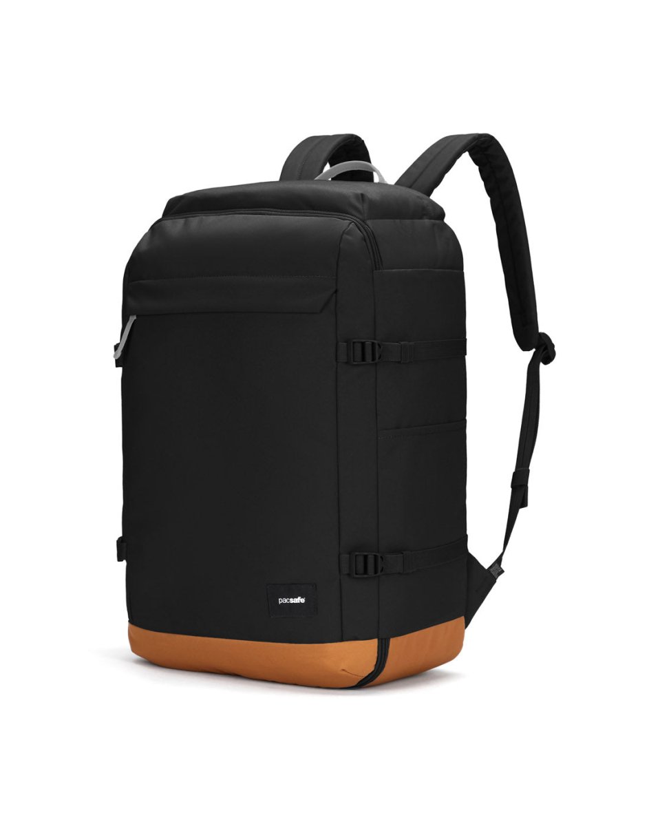 The Pacsafe® GO 44L Anti-theft Backpack features padded straps, an RFID pocket, and a logo tag on a light brown base.