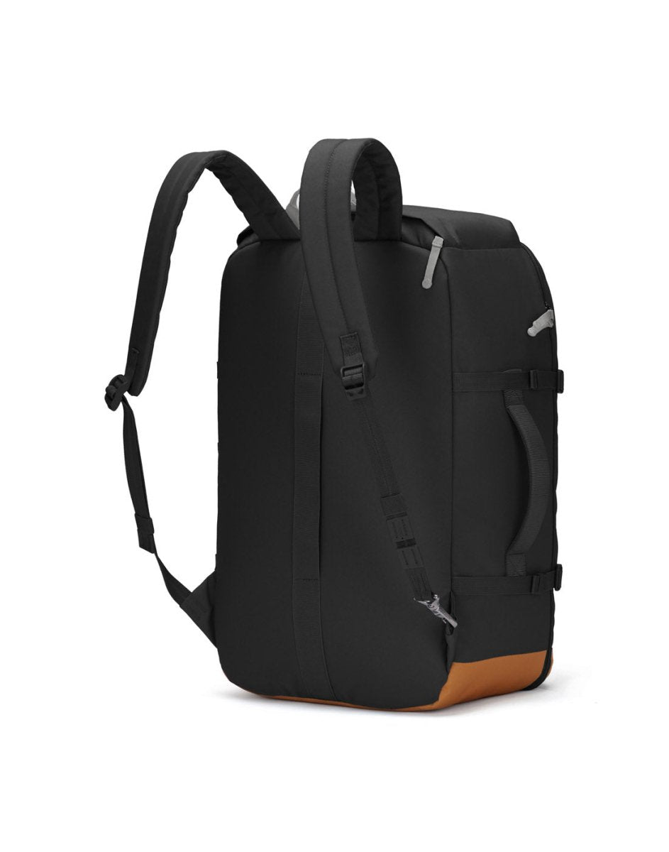 Black Pacsafe GO 44L carry-on backpack with padded straps, RFID-blocking pocket, and brown bottom.