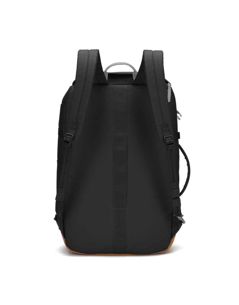 Pacsafe® GO 44L Carry-on: Black, recycled polyester, adjustable straps, top handle, RFID-blocking pocket.