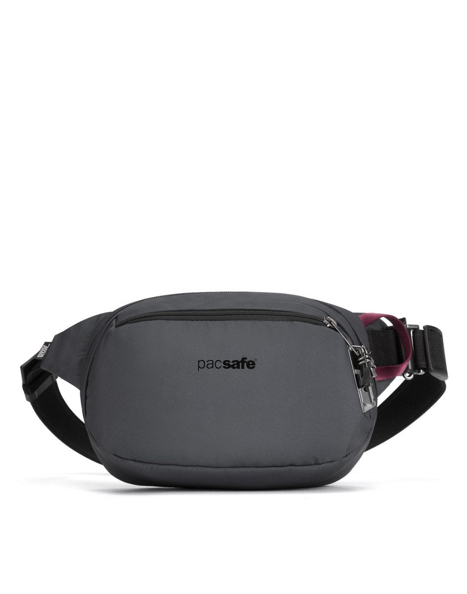 Pacsafe® V Anti-theft Hip Pack: slate grey with black lockable zips, recycled polyester, adjustable strap, secure clasp.