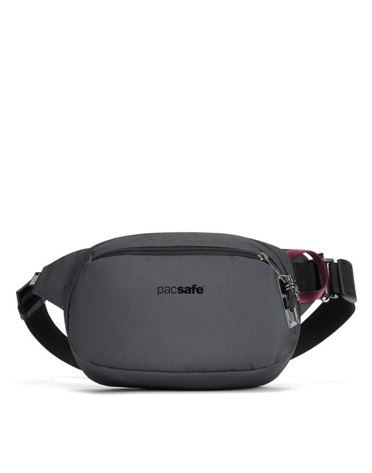 Product Image – Pacsafe® V Anti-theft Hip Pack: slate grey with black lockable zips, recycled polyester, adjustable strap, secure clasp.