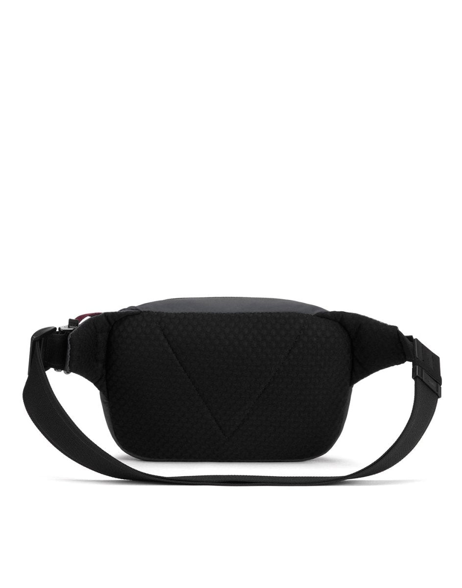 Pacsafe® V Anti-theft Hip Pack by Pacsafe, black with strap and lockable zips, displayed on plain white background.