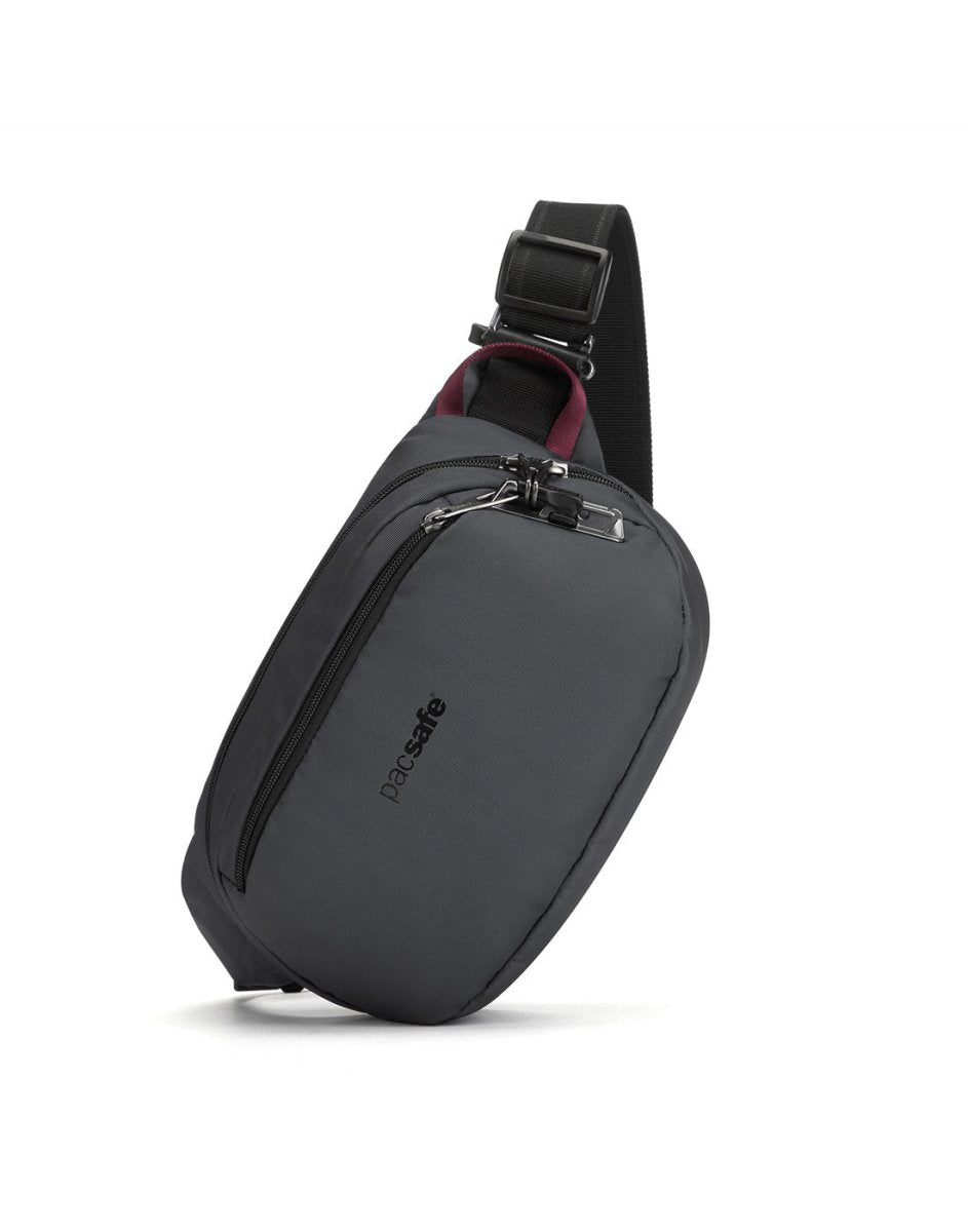 The Pacsafe® V Anti-theft Hip Pack is a slate recycled polyester crossbody bag with lockable zips and a zippered pocket.