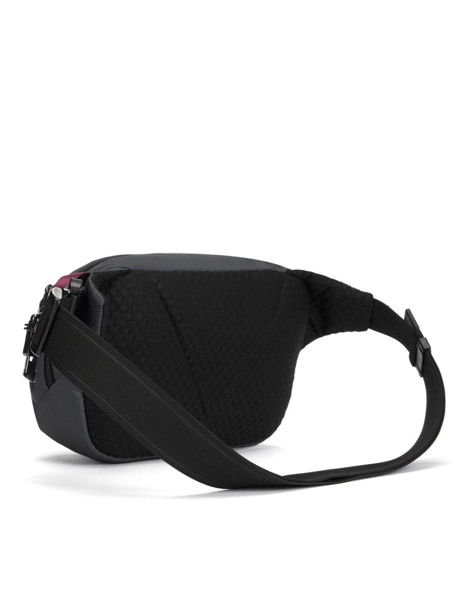 Pacsafe® V Anti-theft Hip Pack in recycled polyester with adjustable strap and textured design, shown from the back.
