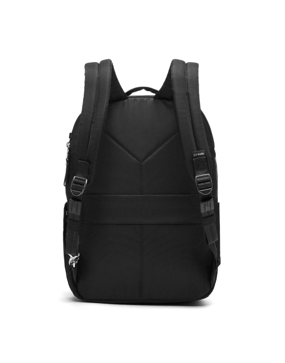 Pacsafe® W 10L Anti-theft Backpack, black, features RFID-blocking, padded straps, and top handle; back view shown.