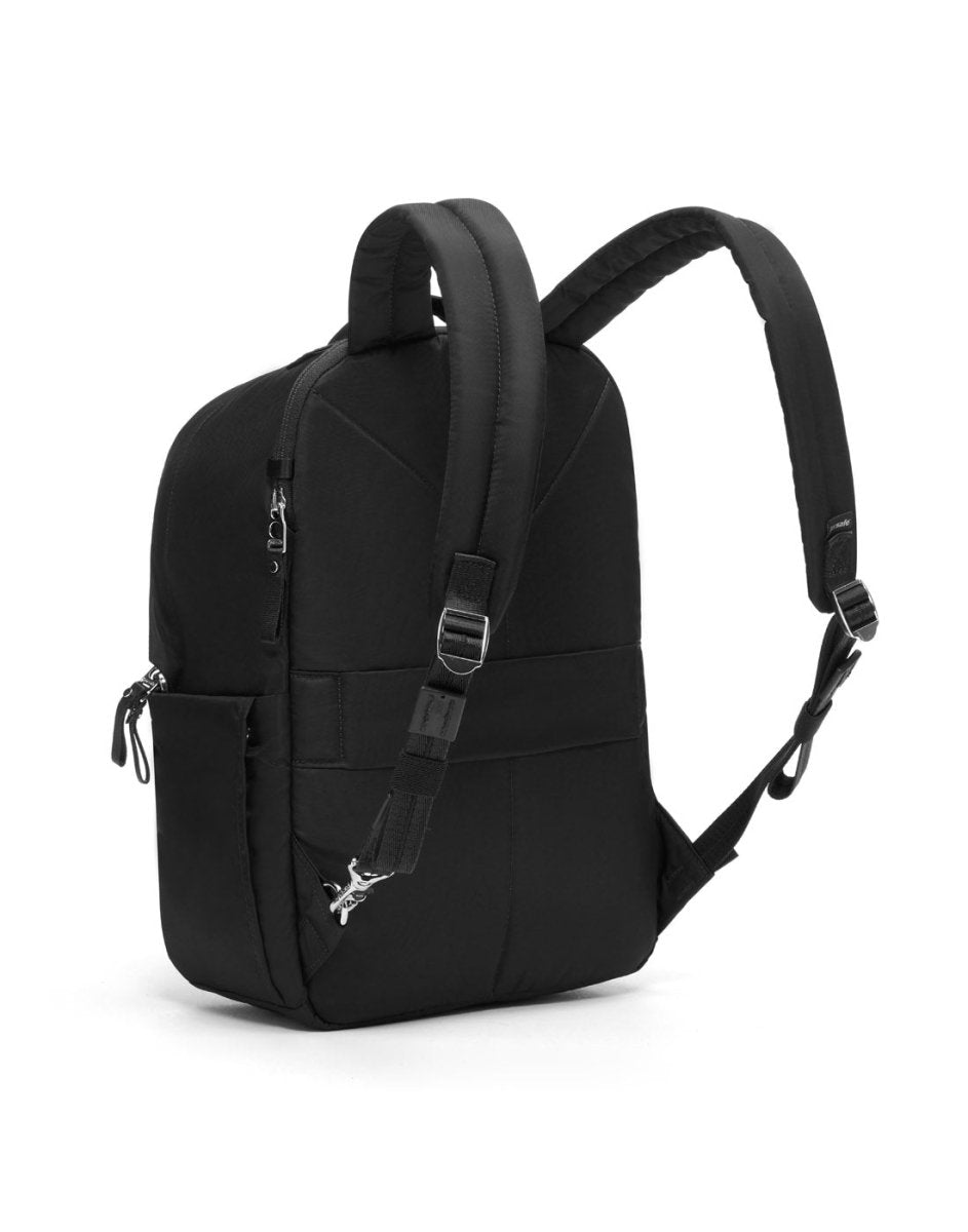 Pacsafe's W 10L Anti-theft Backpack features adjustable padded straps and angled zippered compartments.