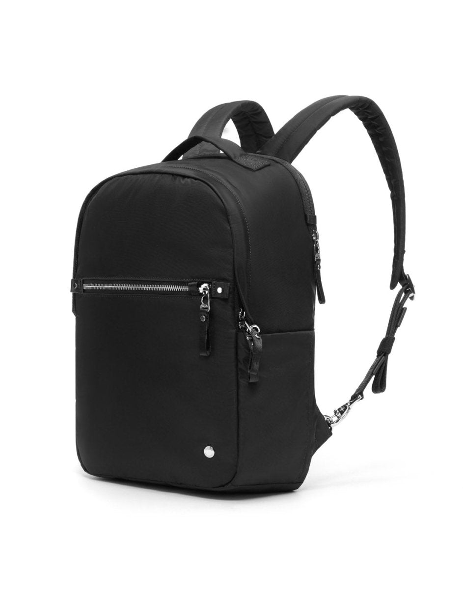 Pacsafe® W 10L Anti-theft Backpack in black with zippers, adjustable straps, made from recycled polyester.