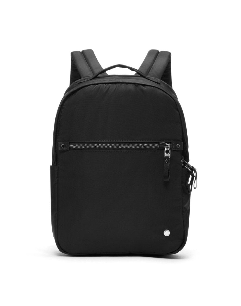 Pacsafe® W 10L Black Anti-theft Backpack with front zip pocket and padded straps against a white background.