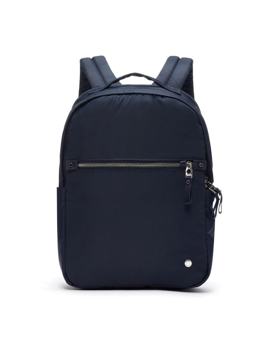 The Pacsafe® W 10L navy blue anti-theft backpack features a front zipper pocket and is made from recycled polyester.