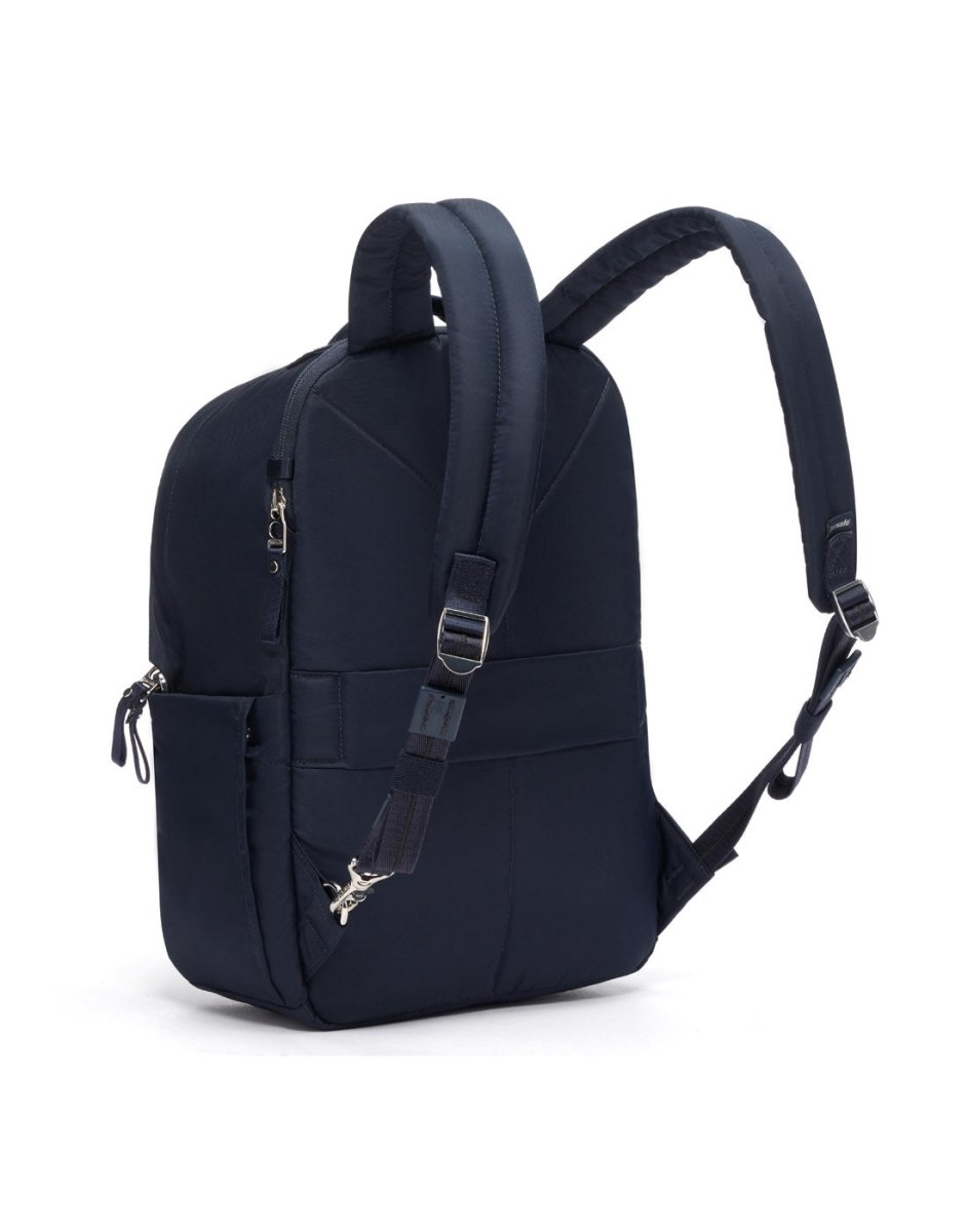 Pacsafe® W 10L anti-theft backpack, navy blue, with padded straps, side pockets, and recycled polyester zippers.