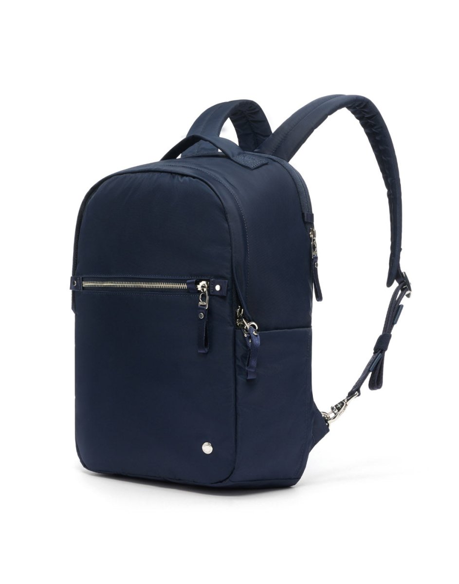 Pacsafe® W 10L Anti-theft Backpack in navy blue features RFID blocking, adjustable straps, and a minimalist design.