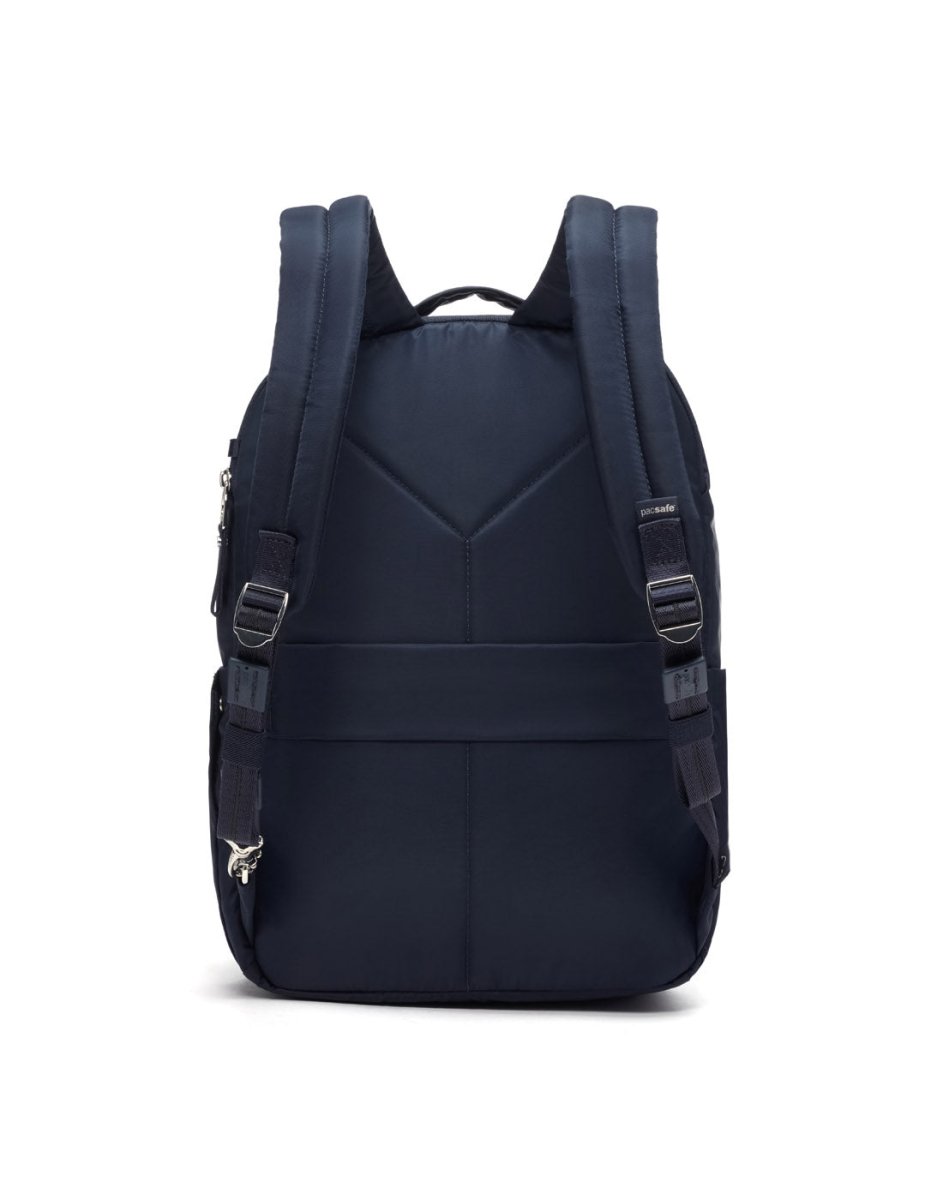 The back view of the navy Pacsafe® W 10L Anti-theft Backpack features padded straps, a sleek design, and RFID blocking.