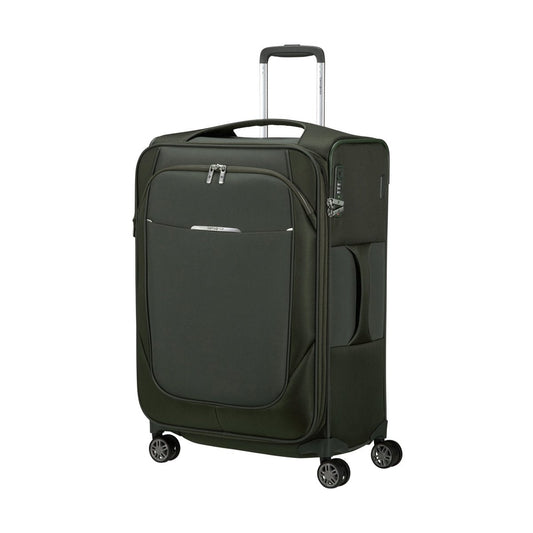 Product Image – The Samsonite Re-Lite Spinner Medium is an eco-friendly, dark green luggage with four wheels and a telescopic handle.