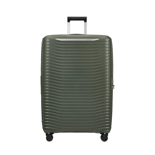 Product Image – Samsonite Upscape Spinner Large in olive green with ridged design, telescopic handle, and shock-absorbing wheels.