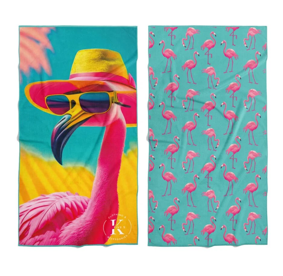 Set of two K5 Microfibre Beach Towels: one with a flamingo in sunglasses, one with a playful flamingo design.