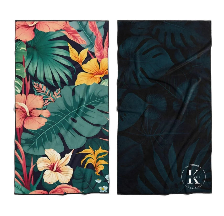 K5 Microfibre Beach Towel: ultra-absorbent, tropical prints, one colorful side, dark logo side.