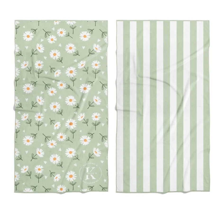 K5 Microfibre Beach Towels: ultra-absorbent, light green, white daisy and striped designs by K5.