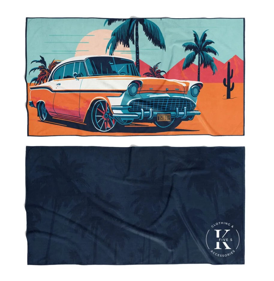 K5 Microfibre Beach Towel: rectangular, ultra-absorbent, compact; vintage car design with logo on reverse.