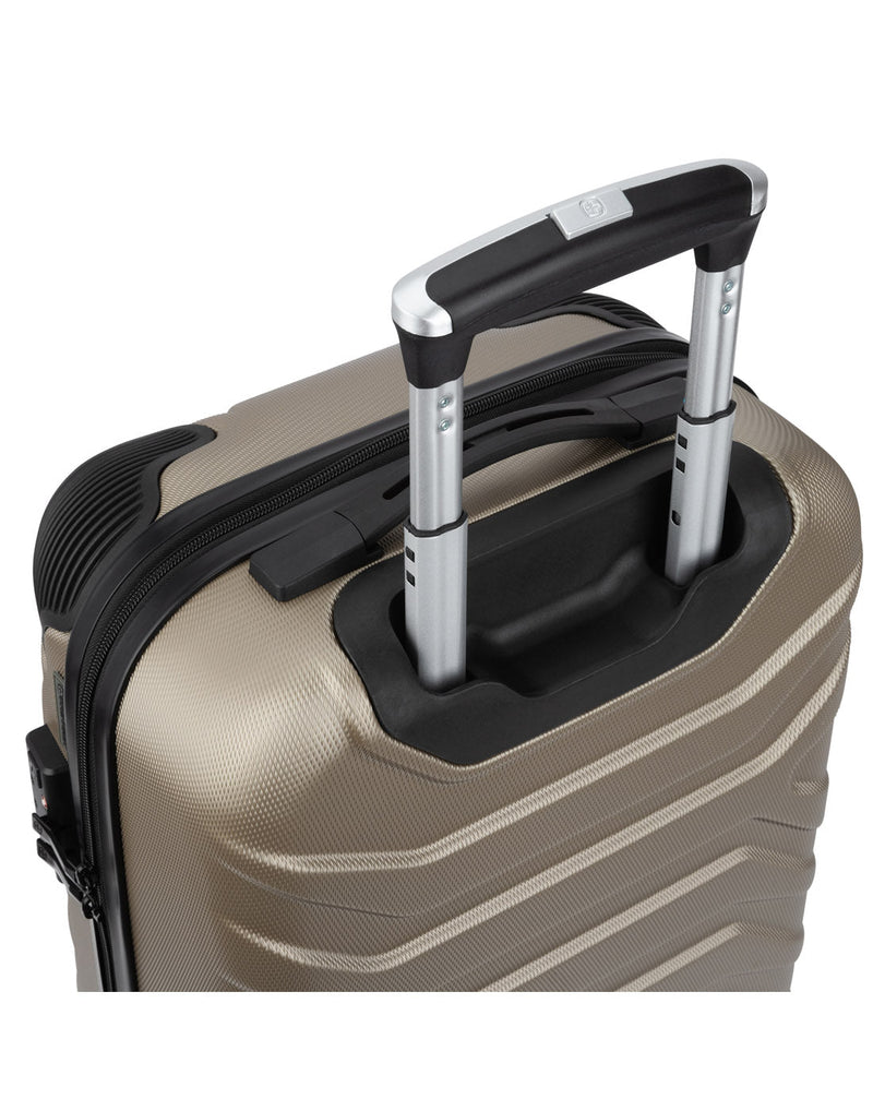 Top back view of extended telescopic handle on Swiss Gear Fortress 19" Hardside Carry-on Spinner in sand colour