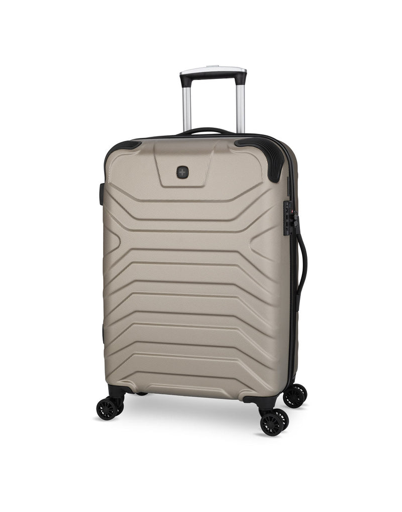 Swiss Gear Fortress 24" Hardside Expandable Spinner in sand colour, front angled view