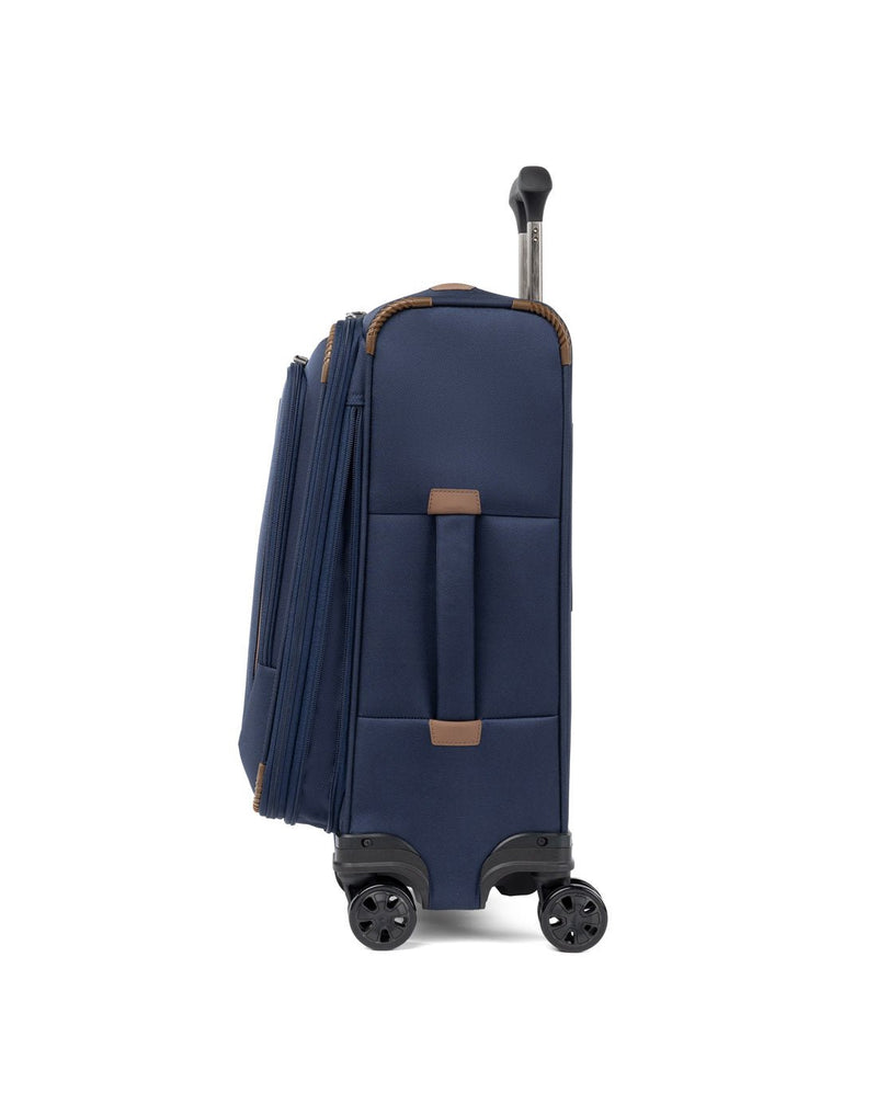 Travelpro Crew™ Classic Carry-on Expandable Spinner in Patriot Blue, side view expanded.