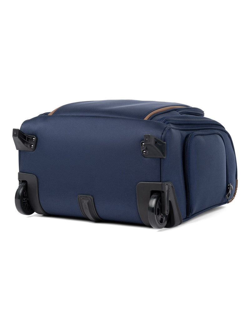 Travelpro Crew™ Classic Rolling Underseat Carry-on in Patriot Blue, bottom view showing the two hardy high-performance ball bearing wheels.