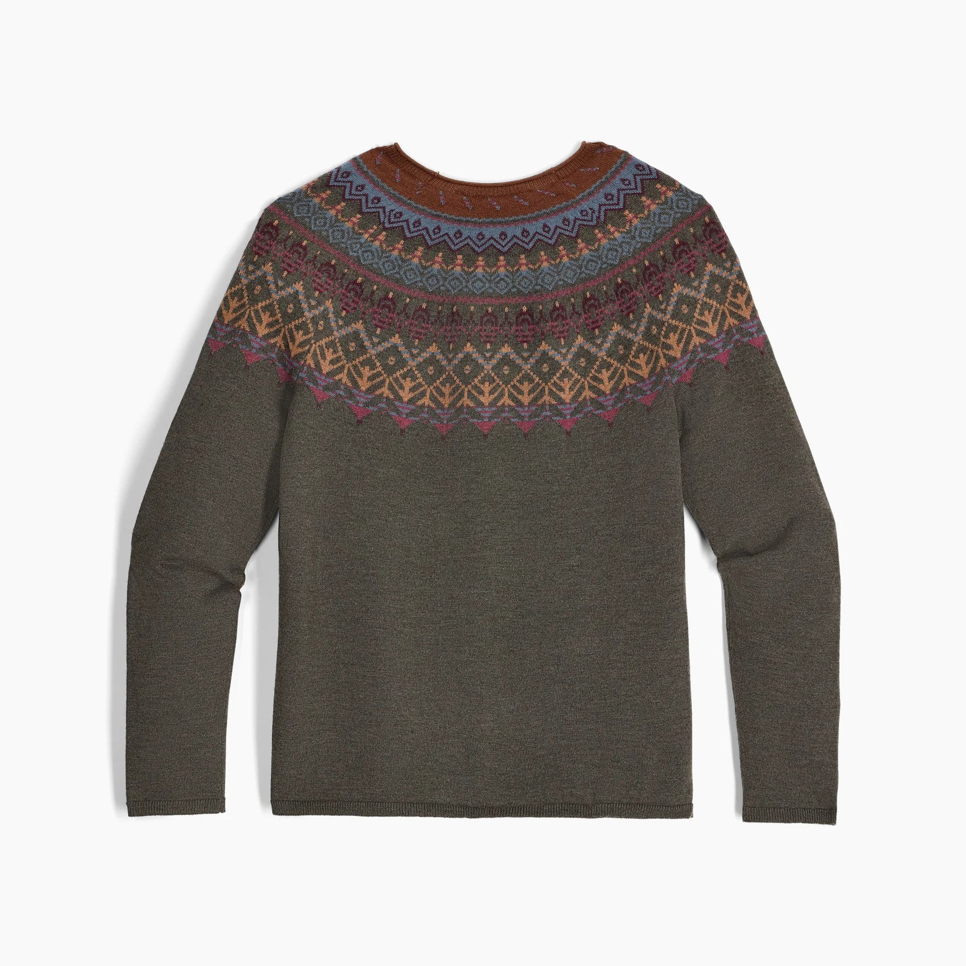 The Royal Robbins Women's Westlands Fairisle Crew features a multicolored yoke on olive, ideal for outdoor style.
