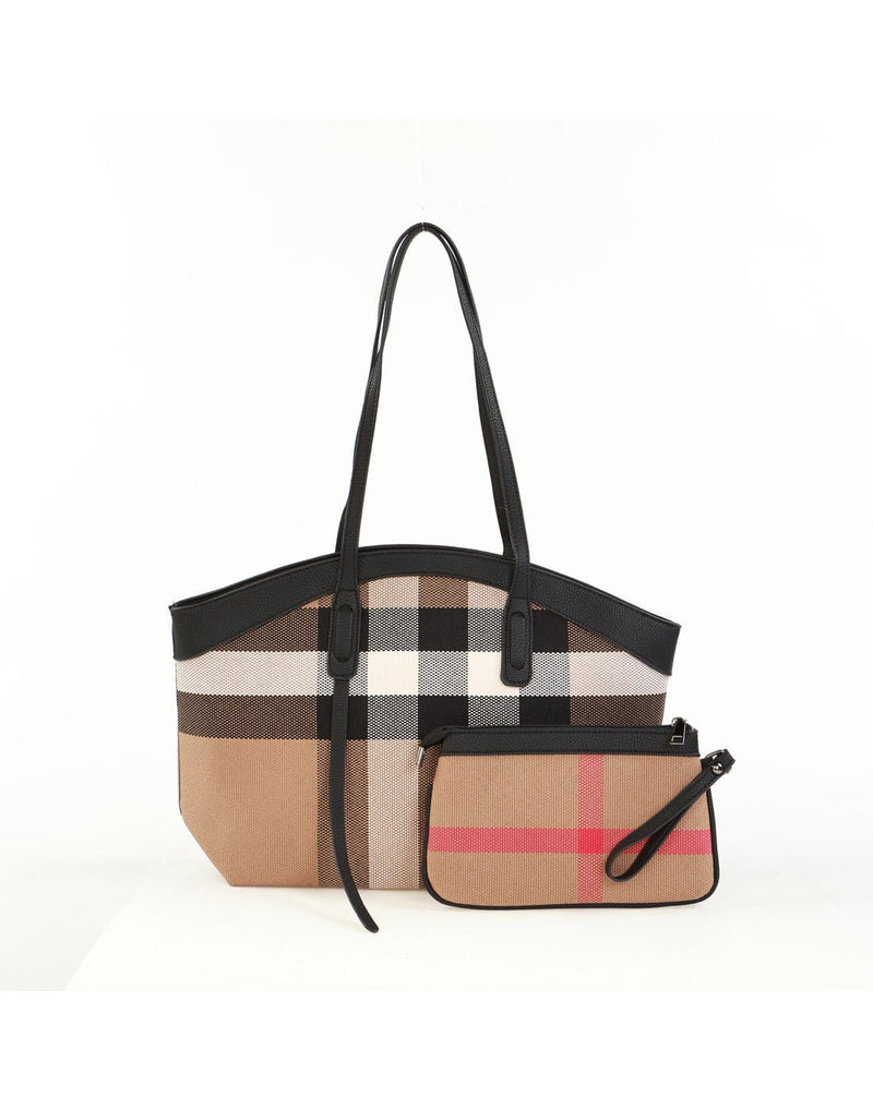 Alina's 2pc Rounded Handbag in white, black, tan and red chunky plaid with black faux leather rounded edging on top and matching double strap. Beside it is a small matching zippered pouch.