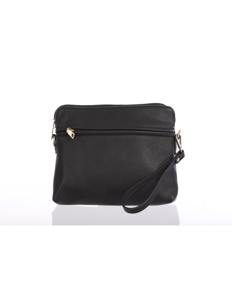 Alina's RFID Protected Clutch Crossbody in black, with horizontal zippered pouch and wristlet strap