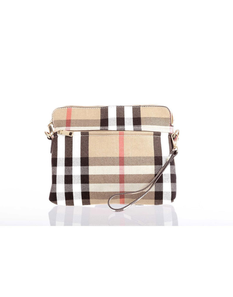 Alina's RFID Protected Clutch Crossbody in light tan, black, white and red plaid, with horizontal zippered pouch and wristlet strap