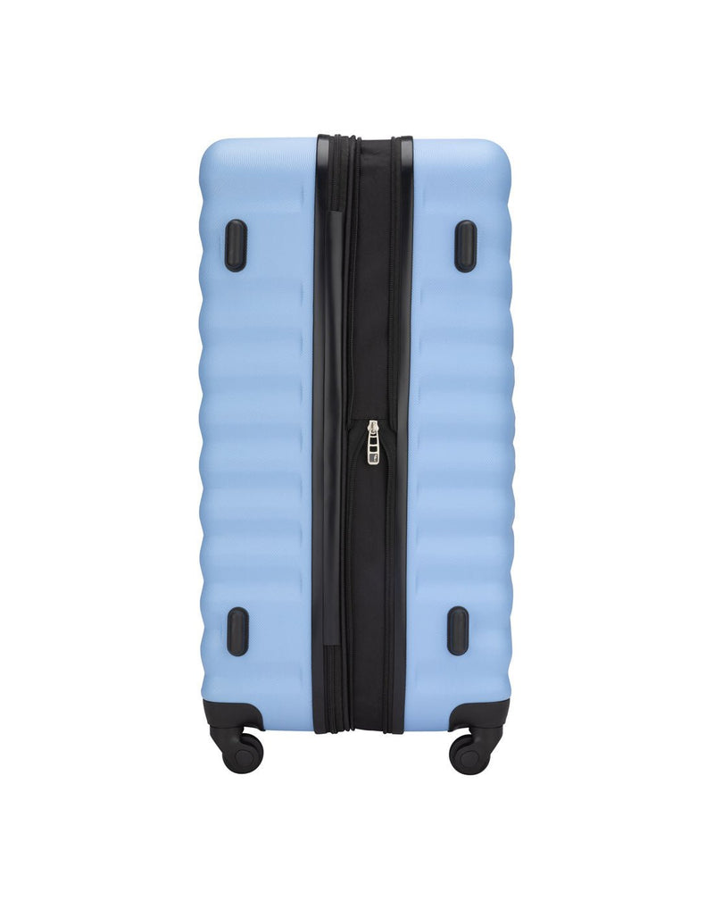 Atlantic Chaser Hardside 28" Expandable Spinner in powder blue colour, side view of black side feet and zipper expanded