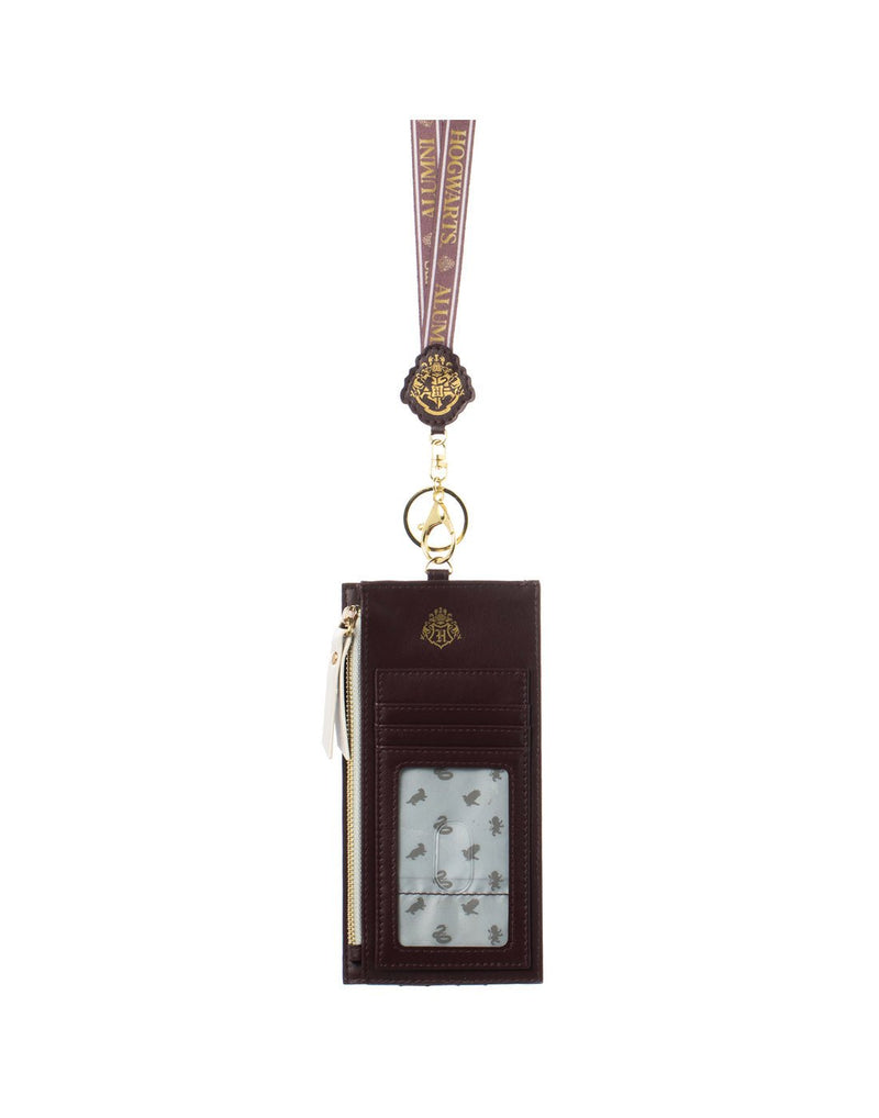 Harry Potter Lanyard with Tech Pouch, vertical view, maroon colour with white and gold zipper and lanyard clasp and gold foil Hogwarts logo