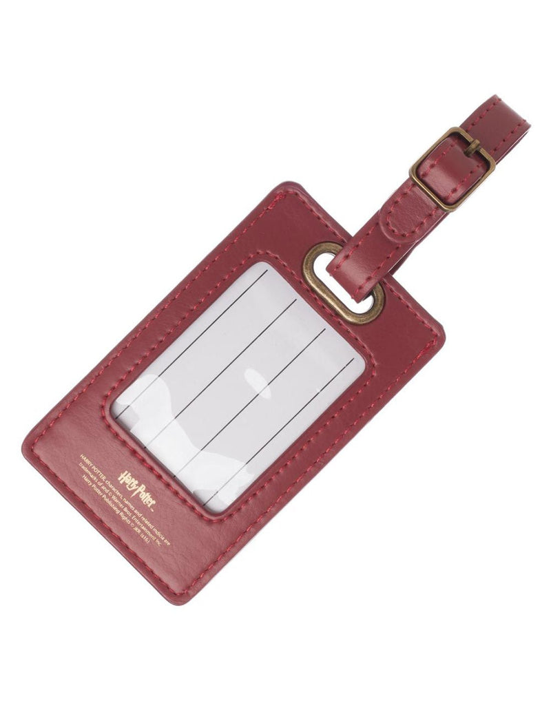 Harry Potter Luggage Tag, back, crimson with matching strap and clear ID window