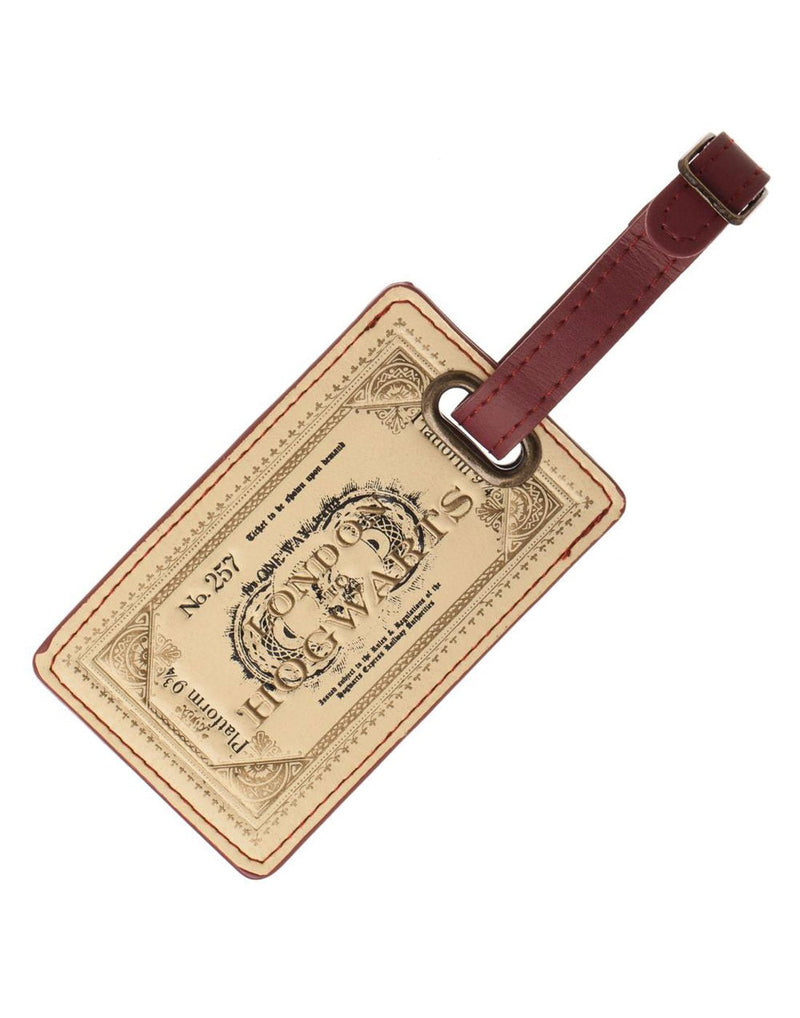 Harry Potter Luggage Tag, Beige with gold and black writing that looks like a ticket from London to Hogwarts