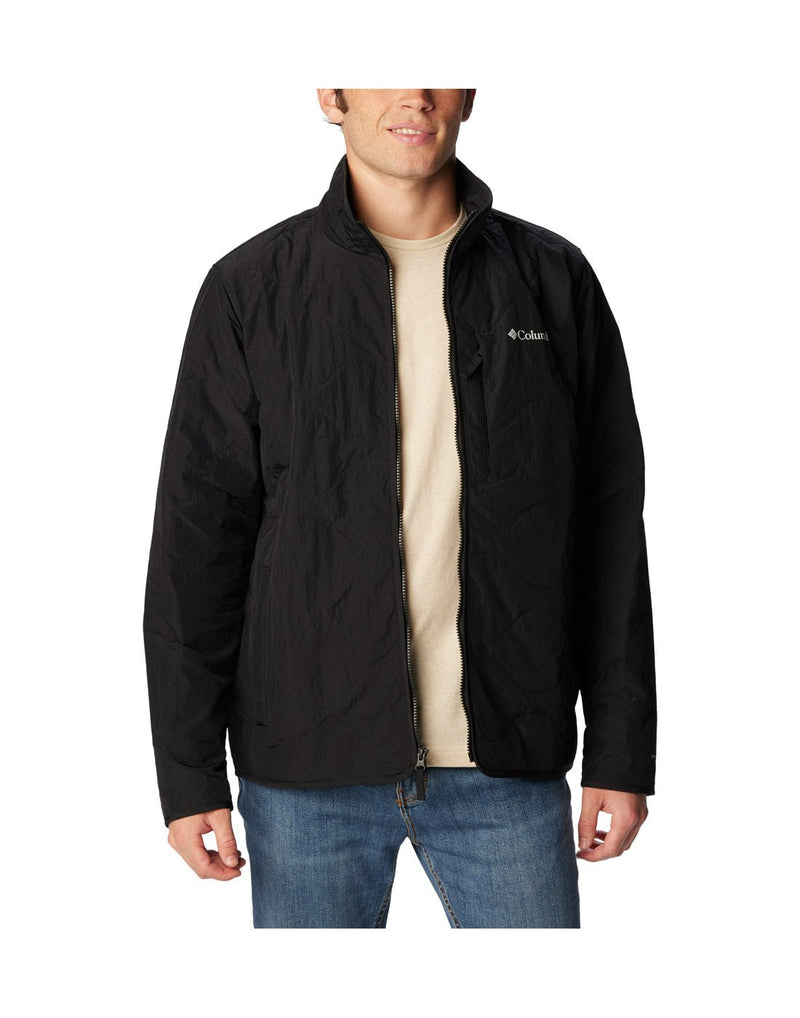 Front view of a man wearing the Columbia Men's Birchwood™ Jacket in black. Unzipped.