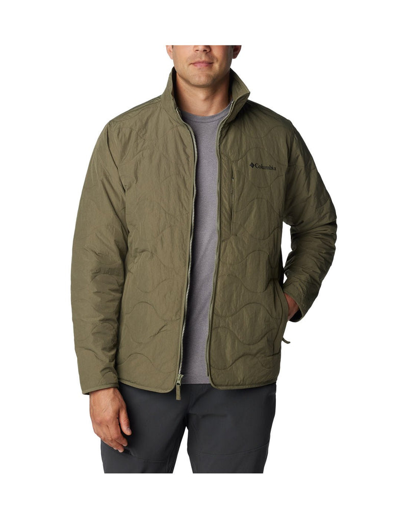 Front view of a man wearing the Columbia Men's Birchwood™ Jacket in Stone Green colour.  Unzipped.
