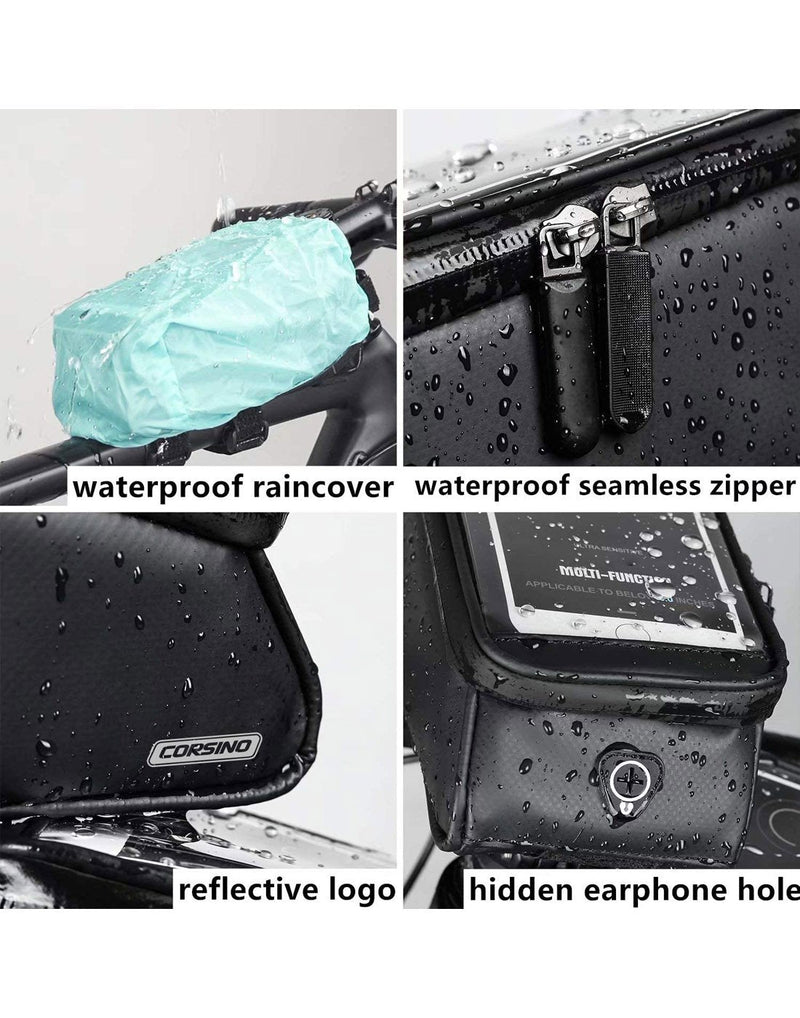 Corsino compass top tube bag black colour four features close-up view 