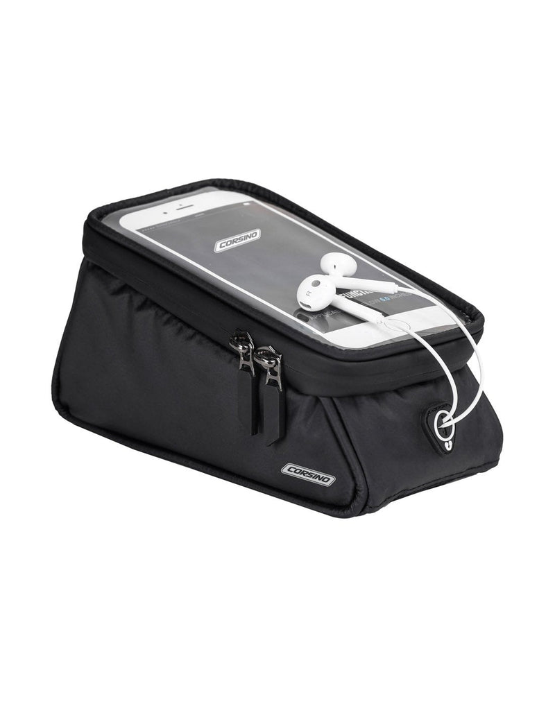 Corsino compass top tube bag - black colour with phone and headphones on display corner view