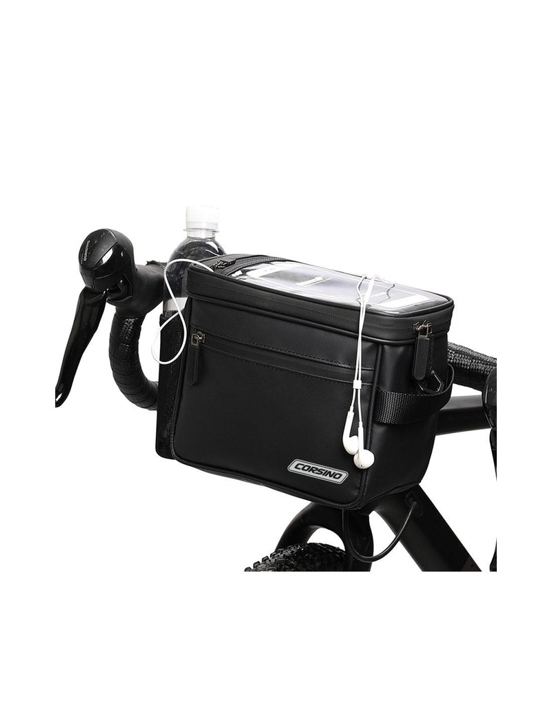 Corsino rover handlebar bag black colour attached to bike front view