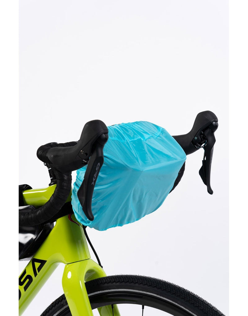 Corsino rover handlebar bag black colour attached to bike rain cover view