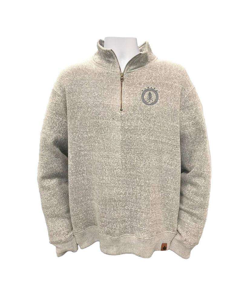 North & Oak Nantucket Fleece 1/4 Zip, front view, in salt and pepper colour with circle decal on left chest