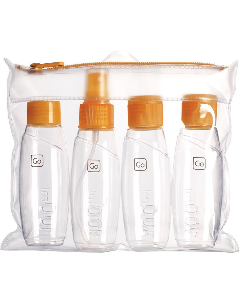 Go Travel Cabin Bottles Set of 4 clear bottles with orange caps in a clear zippered case