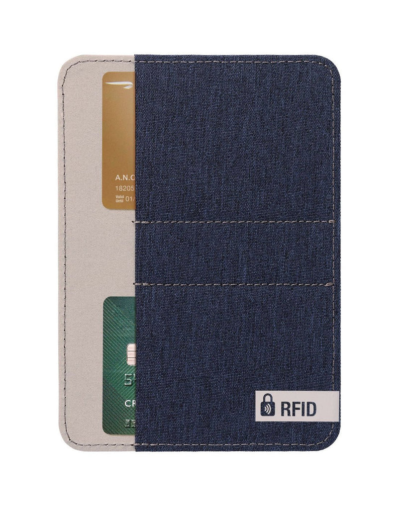 Go Travel RFID Passport Slip, dark blue denim, back view with two credit cards in the pockets
