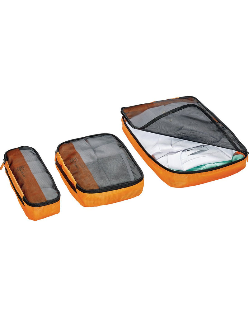 Go Travel 3 piece packing cube packed with clothes and laid out beside each other