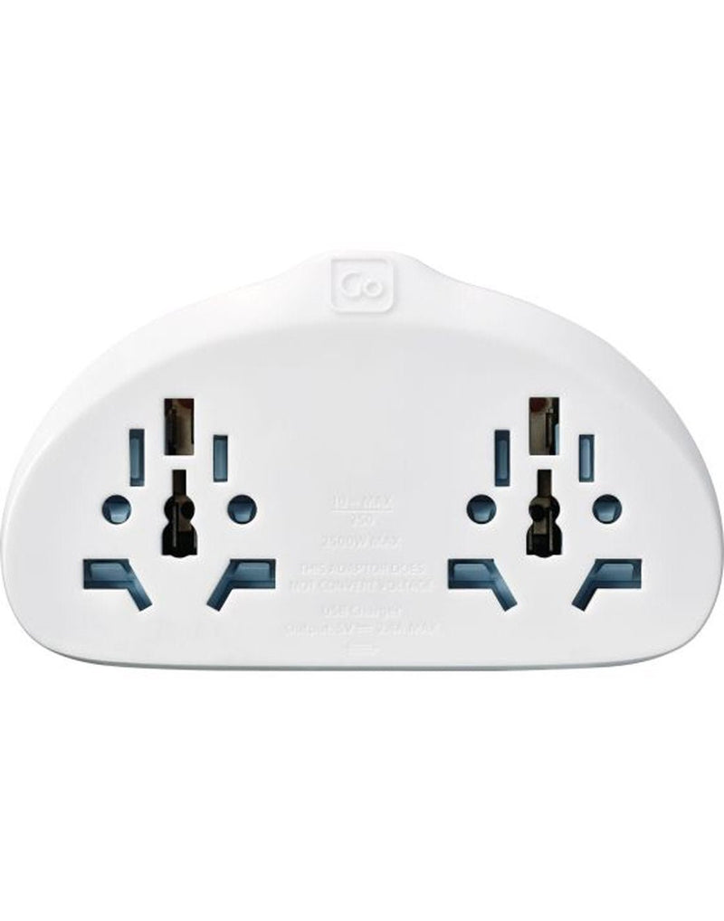 Go Travel World-UK Adapter Duo + USB, white with two input plugs, front view