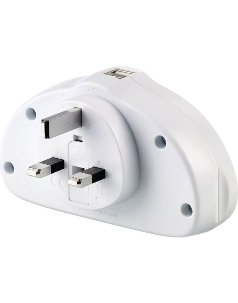 Go Travel World-UK Adapter Duo + USB, white, back angled view of plug prongs