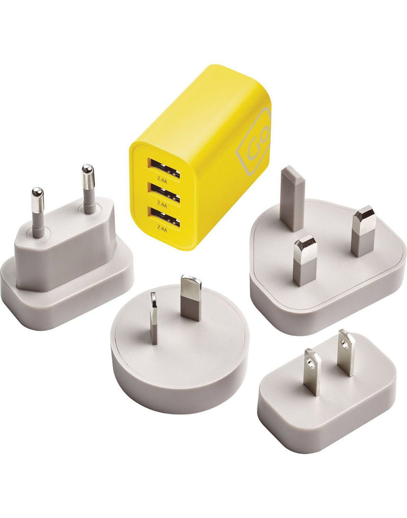 Go Travel Worldwide 3 Port USB-A Charger, yellow USB charger section and four grey adapter components