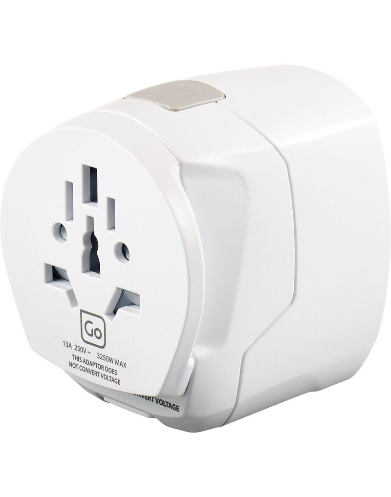 Go Travel Worldwide Grounded Adapter + USB, front angled view of input sockets