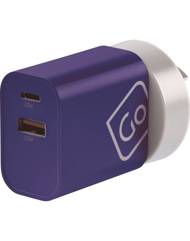 Front view of Australia/China adapter plugged into USB charger