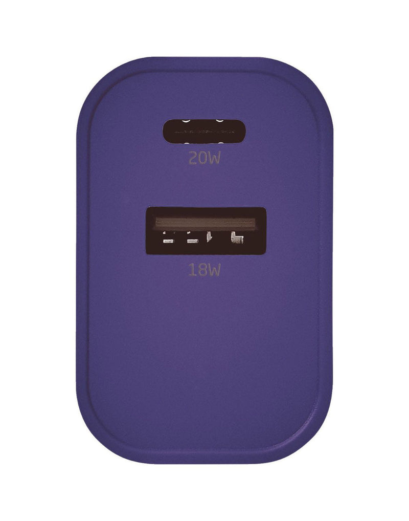 Close up of purple USB input charger, front view